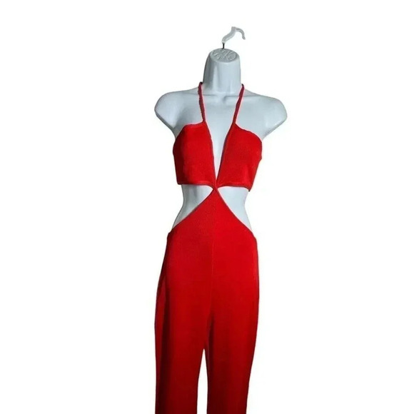 Balmain red knit cut out jumpsuit size 38  Flared Halter Runway 2015 US size 6 - Picture 14 of 16